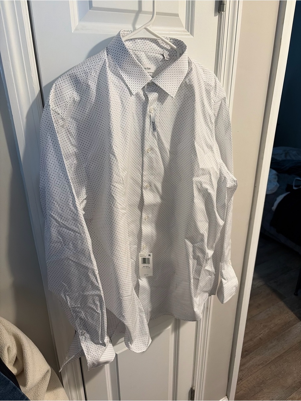 Calvin Klein White Dress Shirt with Small Navy Micro-Dots